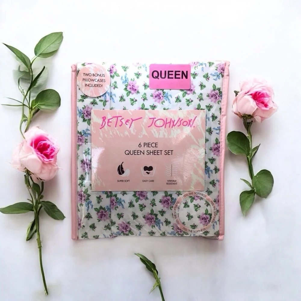 6pc Betsey Johnson Flowers & Bows Purple Print Shabby Chic Queen Sheet Set